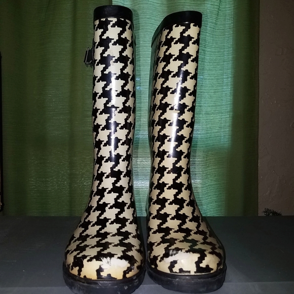 Black White Houndstooth Mid-Calf Pull-On Rubber Rain Boots Adjustable Straps W/6 - Picture 2 of 11